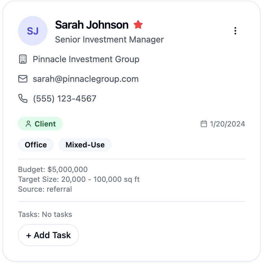 SuiteCRE contact profile for a priority buyer